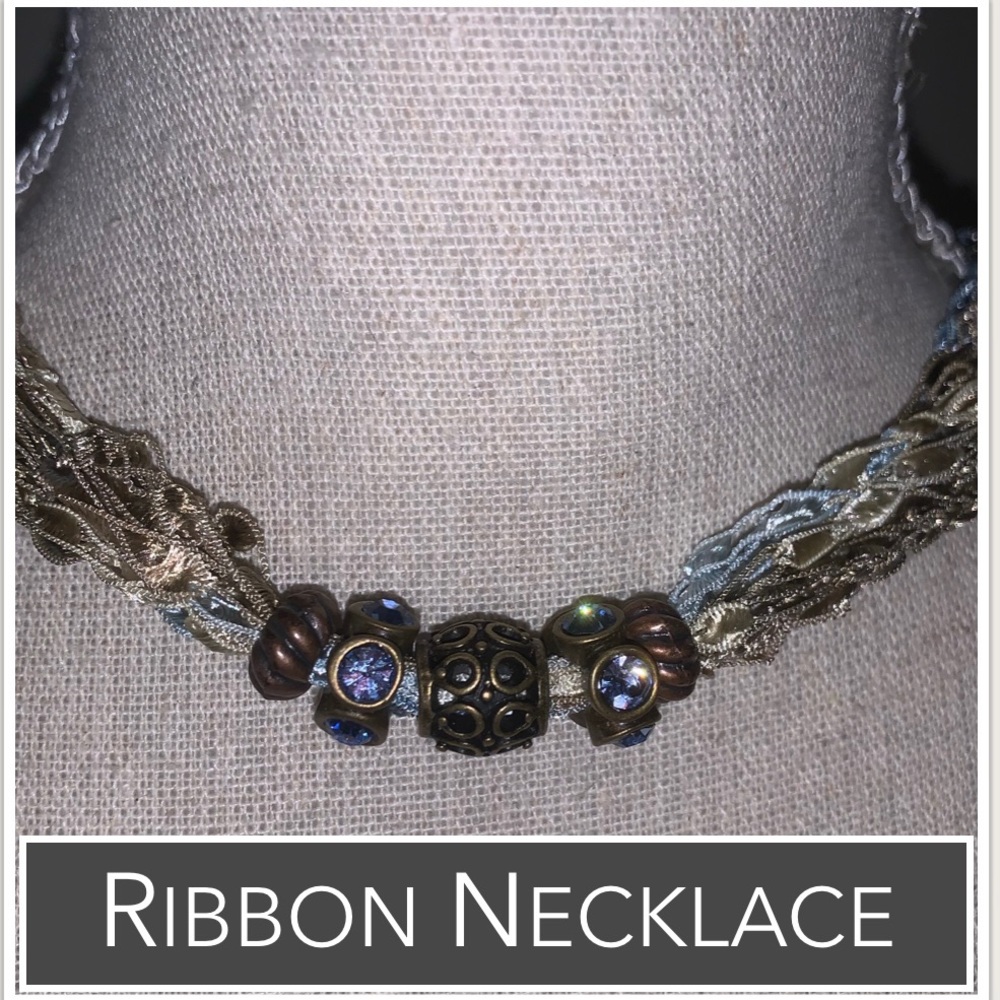 Necklace Strand of Blue, Sage, Bronze Ribbons, Bronze Beads & Blue Stones Accent - Picture 7 of 11